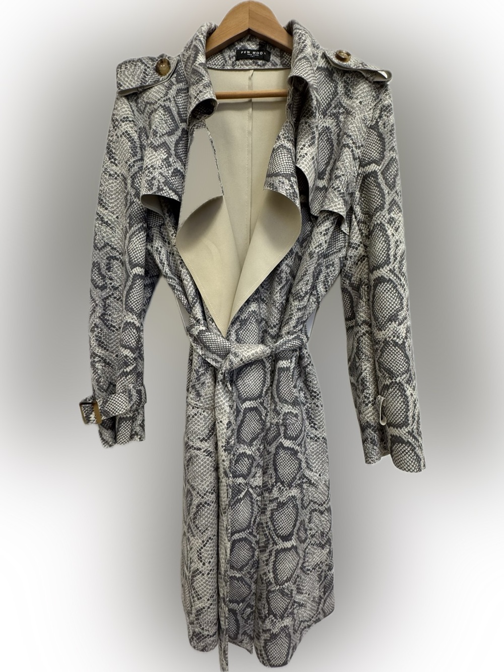 Womens Snake-Print Trench Coat with Belt - Gray Sz Medium NEW